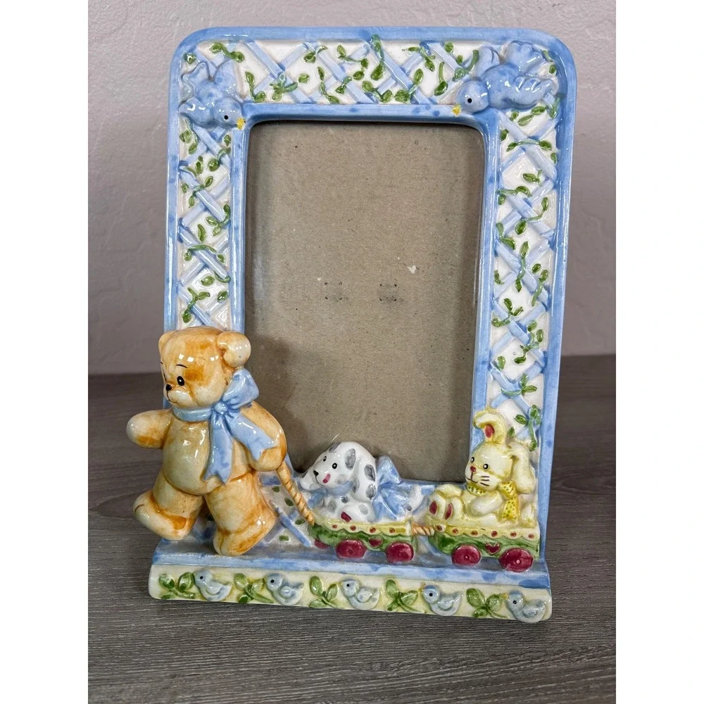 Vintage C.R Gibson Lucy Rigg Ceramic Picture Frame Teddy Bear Train Nursery Blue